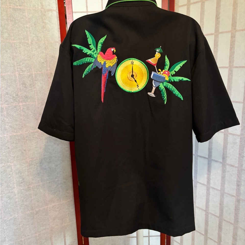Scully Vintage Black Western Shirt Green Pearl Buttons Embroidered Parrots - Picture 5 of 9